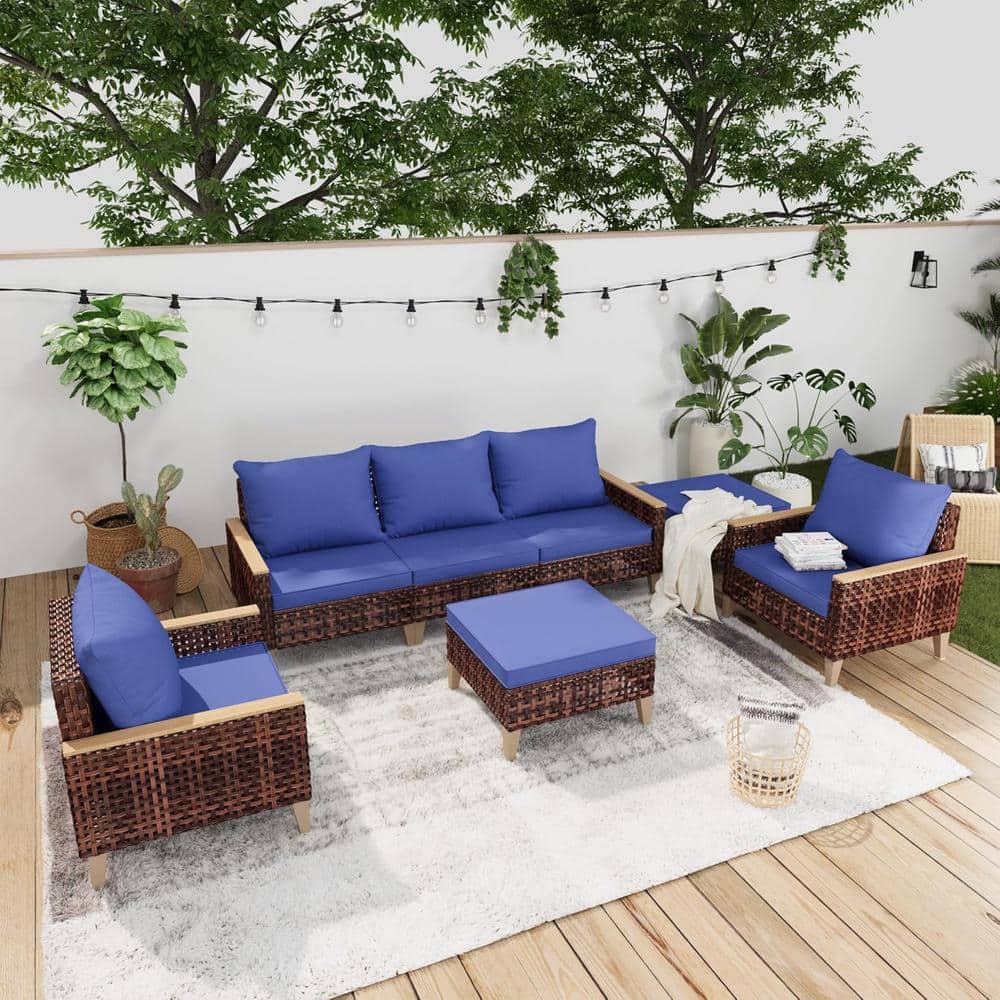 High-legged 7-Piece Brown Wicker Outdoor Sectional Set with Ottomans and Bl
