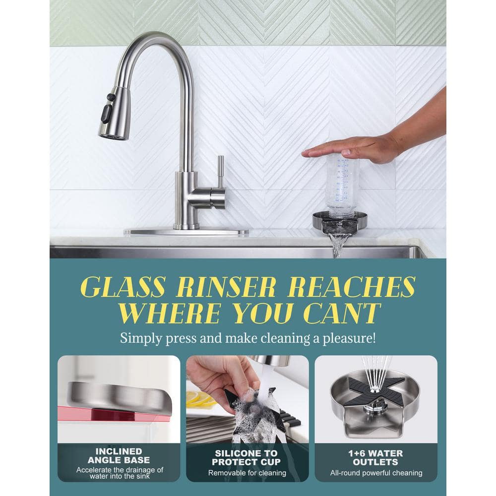 Brushed Nickel Pull Down Kitchen Faucet with Glass Rinser