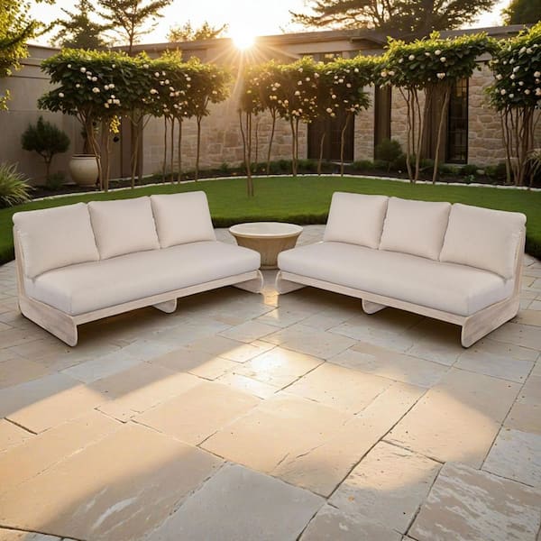 Bevis Modern Light Grey Solid Wood Outdoor Couch Patio 3 Seater Sofa with Taupe Cushions, Deep Seating, Set of 2