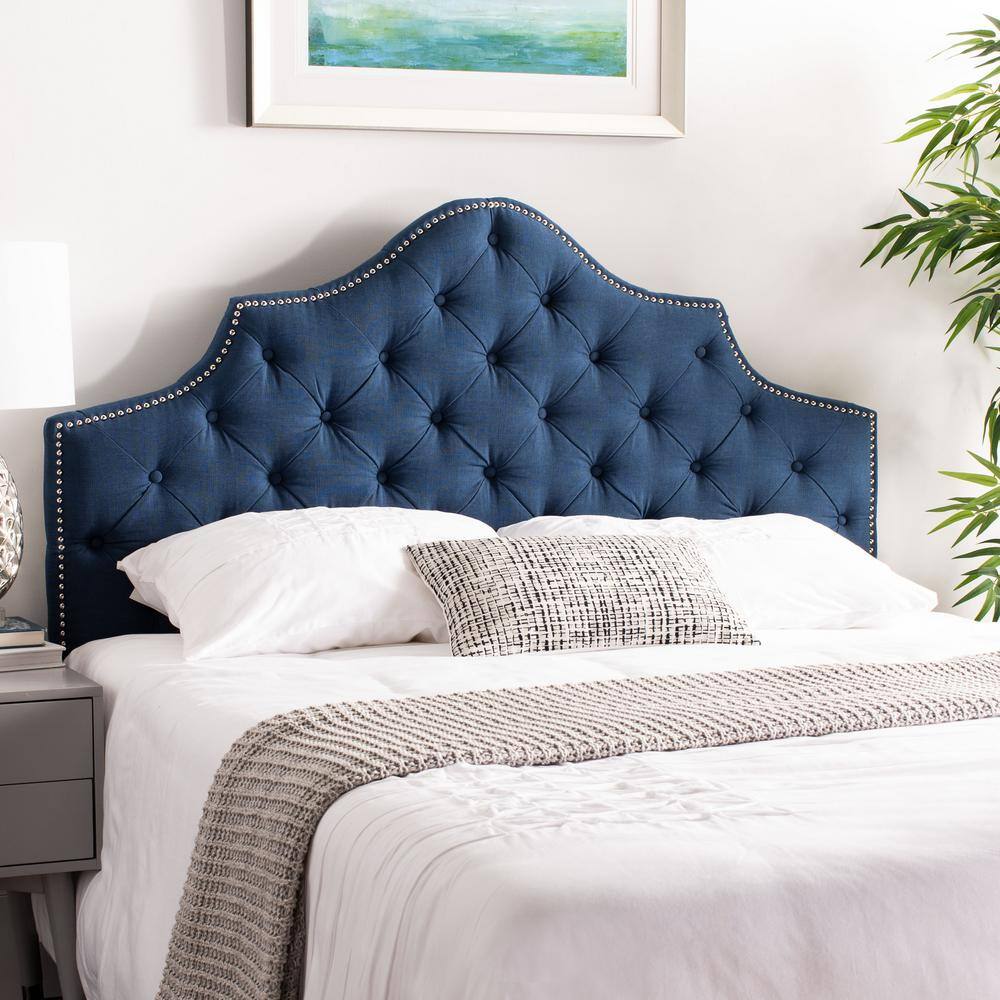 Steel Blue Tufted Queen Upholstered Headboard with Nailhead Trim