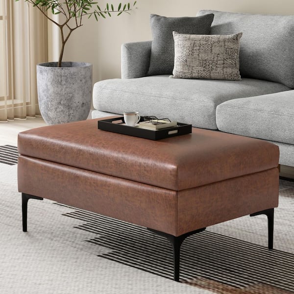 Rebecca 36 in. Wide Coffee Table Storage Ottoman with Lift Up Lid in Distressed Saddle Brown Vegan Faux Leather