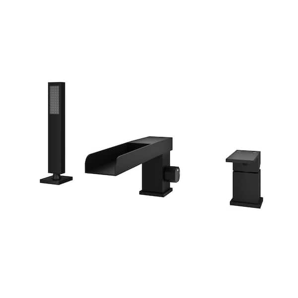 Pressure Balanced Single-Handle Deck-Mount Waterfall Roman Tub Faucet with Hand Shower in Matte Black