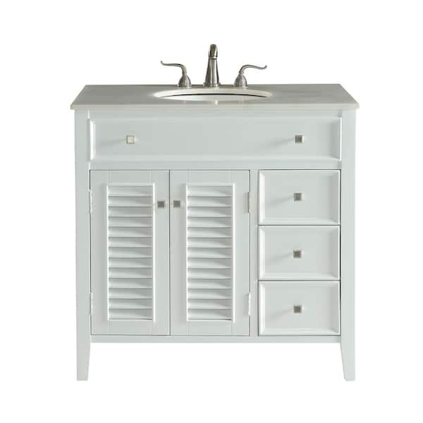 Unbranded Bellaire 36 in. Single Bath Vanity w/ 3 Drawers 1 Shelf 2 Doors; Marble Top; Porcelain Sink; White