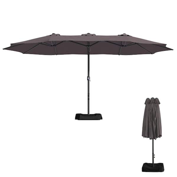 15 ft. Double-Sided Patio Umbrella with Iron Base and Sandbags in Gray for Garden, Pool, Deck, Backyard