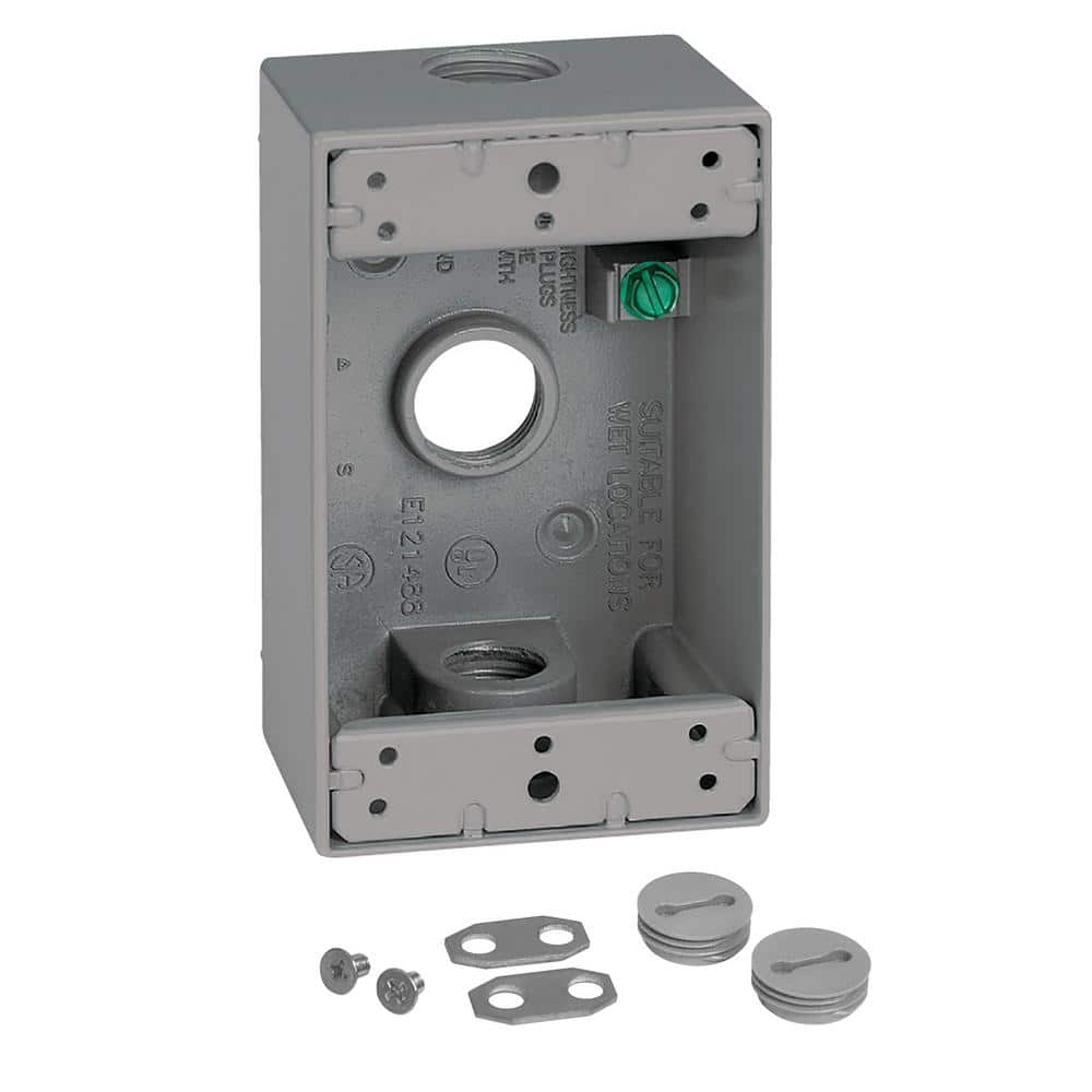 1-Gang Metal Weatherproof Electrical Outlet Box with (3) 1/2 inch Holes, Gr