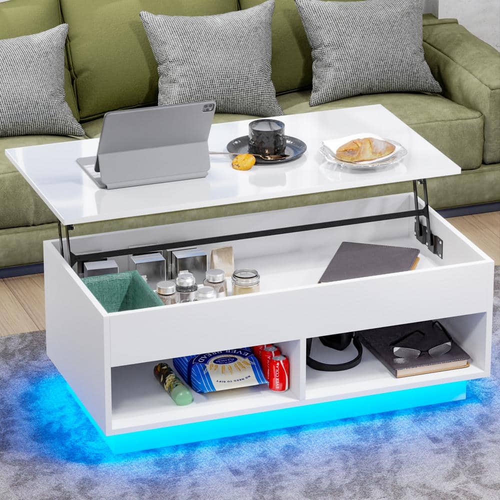 40" White Particle Board Lift-Top Coffee Table with LED Lights