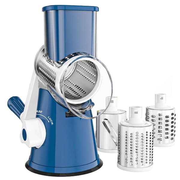 Deep Blue Rotary Cheese Grater with 3 Blades and Non-slip Suction Base for Cheese, Vegetables, Nuts