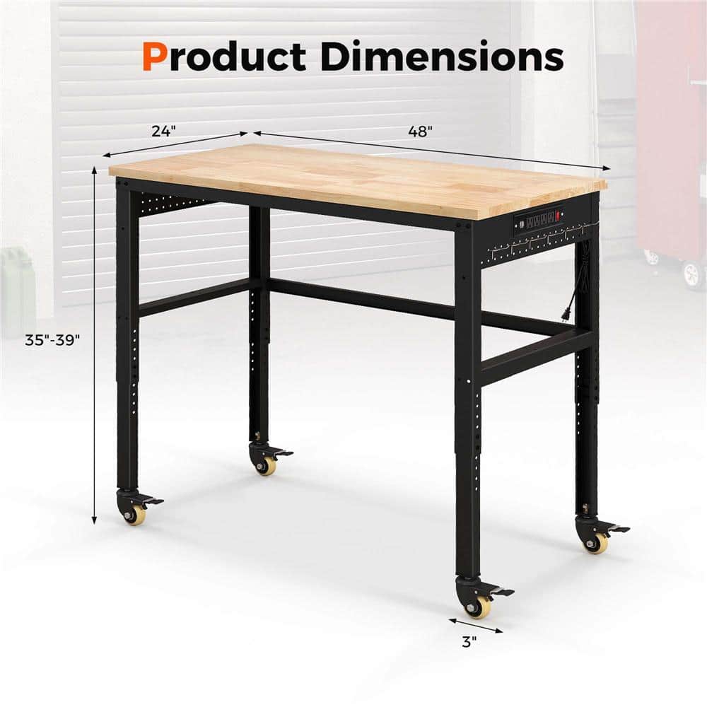 48'' Adjustable Oak Wood Top Workbench with Steel Frame and Power Outlets