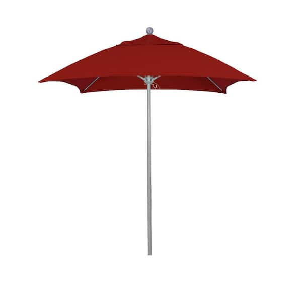California Umbrella 6 ft. Grey Woodgrain Aluminum Commercial Market Patio Umbrella Fiberglass Ribs and Push Lift in Jockey Red Sunbrella