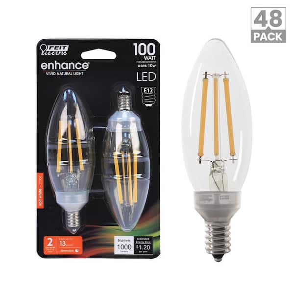 100-Watt Equivalent B10 E12 Candelabra Dimmable Filament CEC Clear Chandelier LED Light Bulb Soft White 2700K (48-Pack)