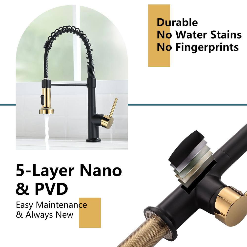 Matte Black and Polished Gold Pull Down Kitchen Faucet with Spray