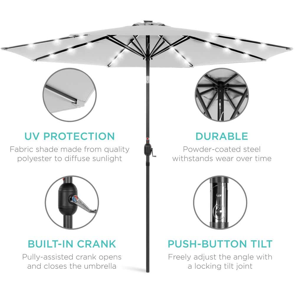 10ft Fog Gray Solar LED Lighted Patio Umbrella with Tilt Adjustment