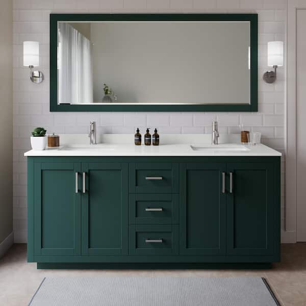 Wyndham Collection Miranda 72 in. W x 22 in. D x 33.75 in. H Double Bath Vanity in Green with White Quartz Top and 70 in. Mirror