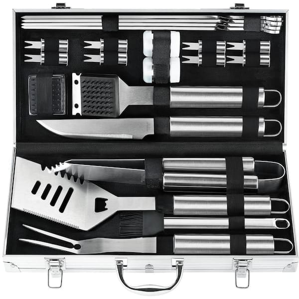 22-Piece Heavy Duty Non-Slip Stainless Steel Grill Utensils Set in Aluminum Case for Outdoor Camping, Black
