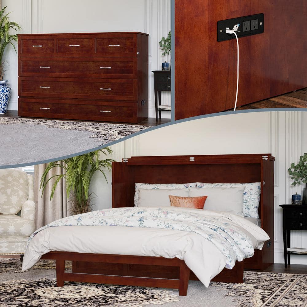 Northfield Walnut Queen Murphy Bed Chest with Built-in Charger and Memory Foam Mattress