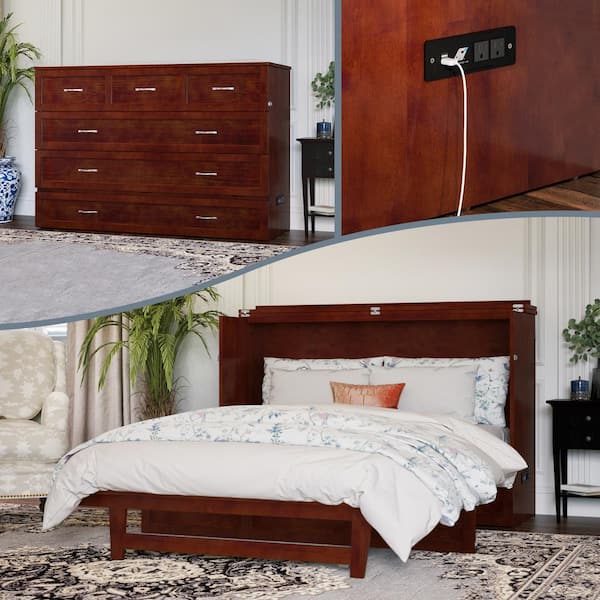 AFI Northfield Walnut Solid Wood Frame Queen Murphy Bed with Mattress and Built In Charging Station