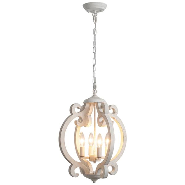 ADSENSTY 4-Light Distressed White Farmhouse Cage Chandelier Adjustable Height Pendant Light