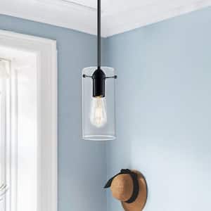 1-Light Matte Black Modern Pendant with Clear Cylinder Glass Shade