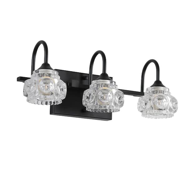 17-in. 3-Light Bathroom Fixture-Black Finish Vanity Light with Crystal Glass Shades, Wall Mounted (No Bulbs)
