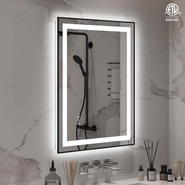 24 in. W. x 32 in. H Large Rectangular Framed Anti-Fog LED Light Wall Mounted Bathroom Vanity Mirror in Matte Black