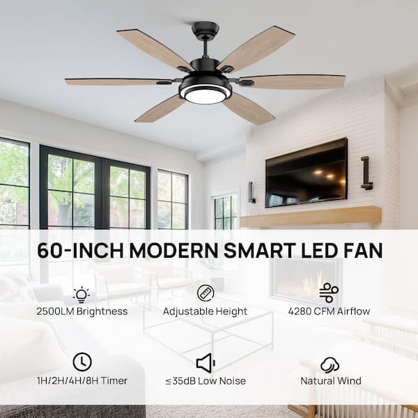 60 in. Indoor Black Downrod Mount Ceiling Fan with Integrated LED with Remote Control Included