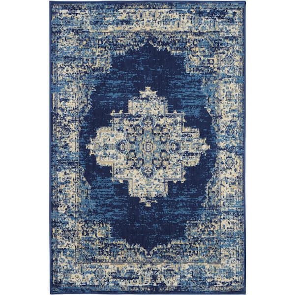 Nourison Grafix Navy Blue 4 ft. x 6 ft. Persian Medallion Transitional Area Rug