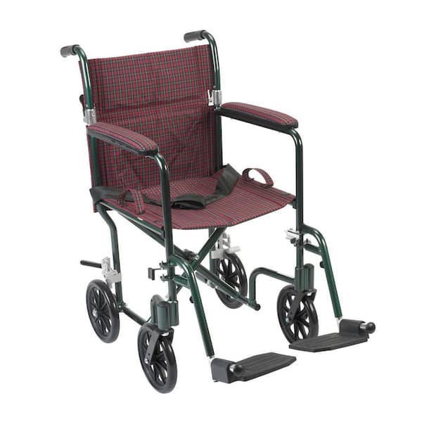 Drive Flyweight Lightweight Transport Wheelchair with Green Frame and Burgundy Chair