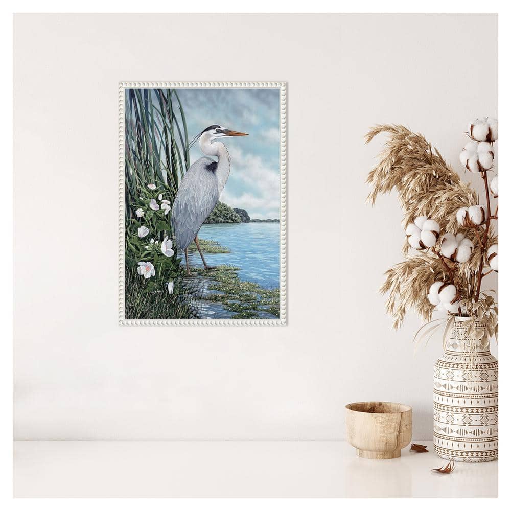 Great Blue Heron Coastal Scene Canvas Wall Art with White Frame