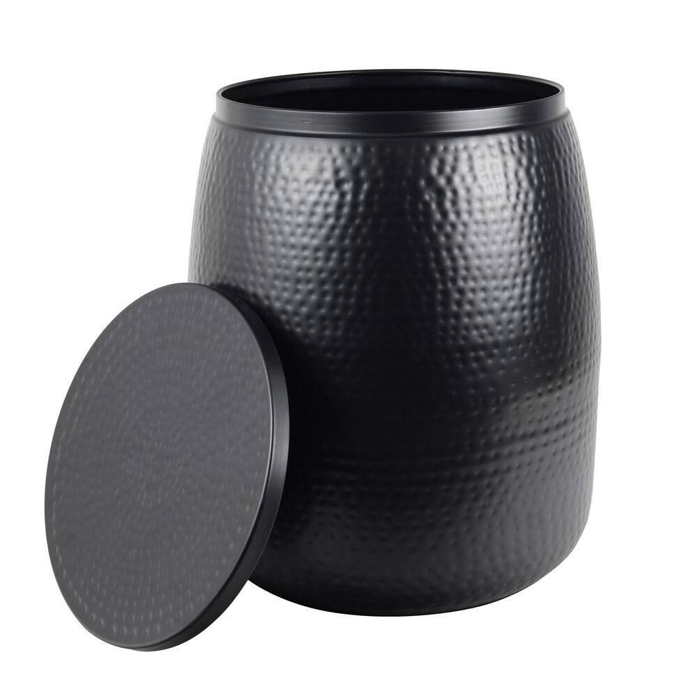 Merida 19 in. Modern Rustic Hammered Metal Drum Storage Side Table with Lid, Matte Black