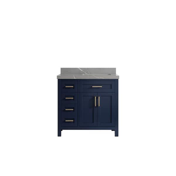 Willow Collections Cambridge 36 in. W x 22 in. D x 36 in. H Right Offset Sink Bath Vanity in Navy Blue with 2 in. Piatra Gray Quartz Top