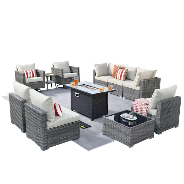 Sanibel Gray 11-Piece Wicker Patio Conversation Fire Pit Sectional Sofa Set with Swivel Chairs and Beige Cushions