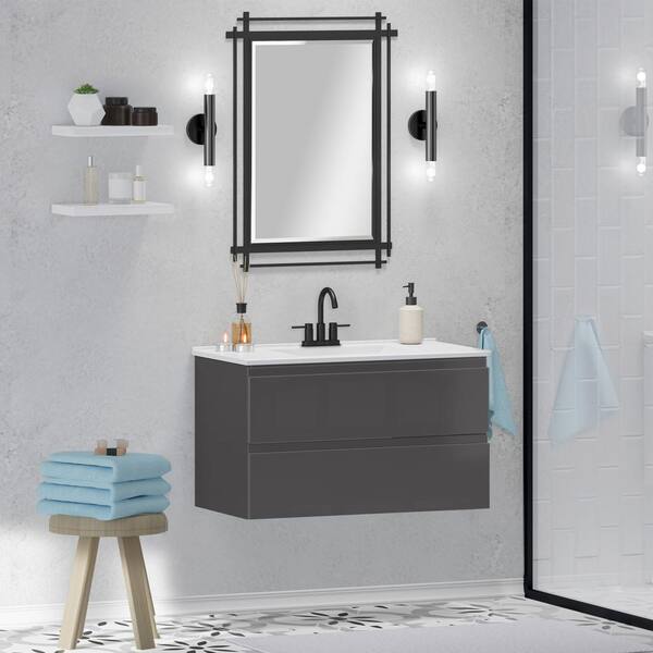 Joyous 32 in. W x 18 in. D x 22.5 in. H Floating Bath Vanity in Grey with White Porcelain Top