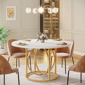 Modern White Gold Wood 47 in. Pedestal Dining Table Round Kitchen Table Seats 4 to 6