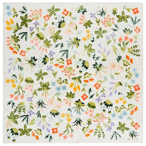 Martha Stewart Washable Beige/Red 6 ft. x 6 ft. Machine Washable Floral Abstract Square Area Rug