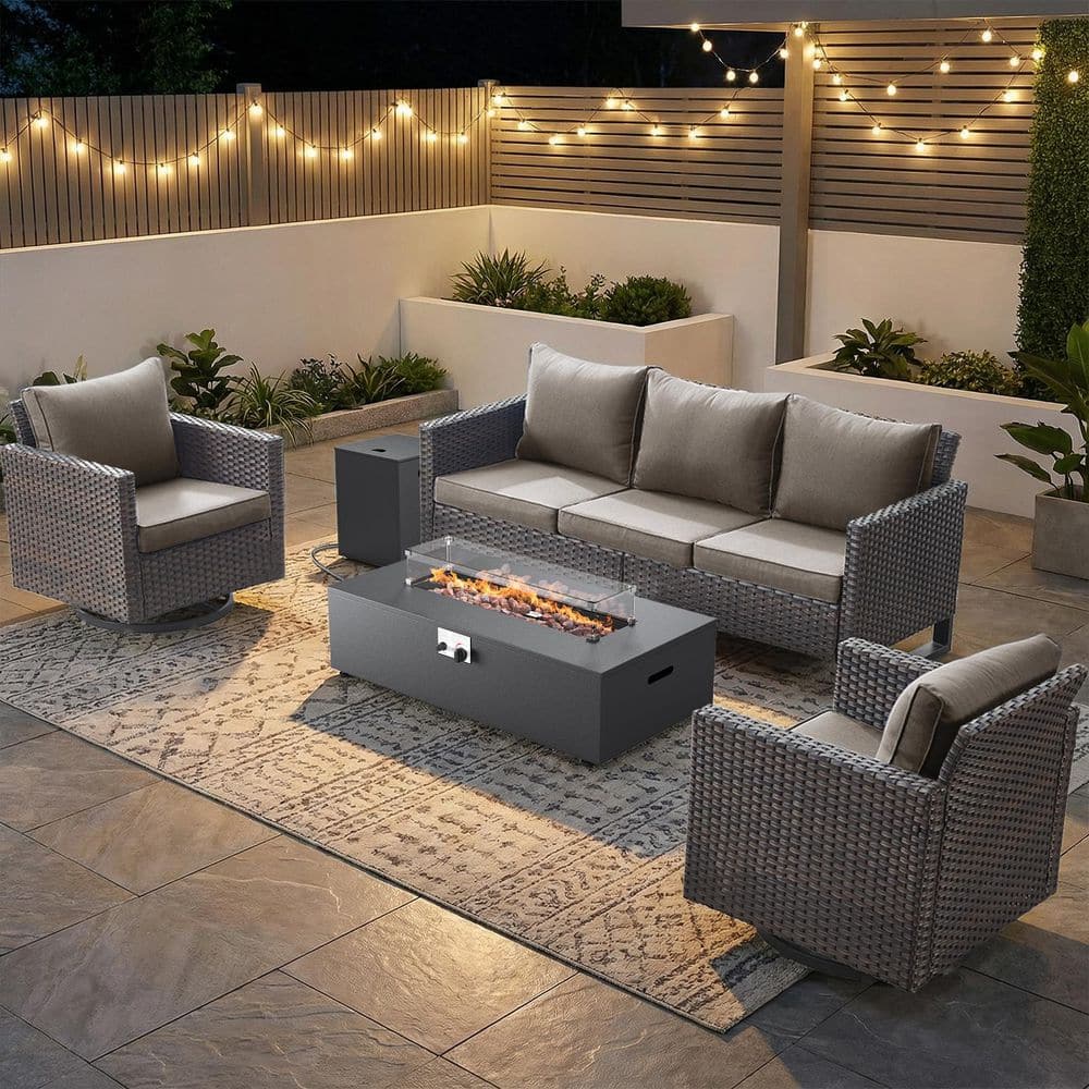 U-Frame 5-Piece Brown Wicker Fire Pit Conversation Set with Olefin Gray Cushions and Couch/ Patio Swivel Chairs price history on PriceWatchPro