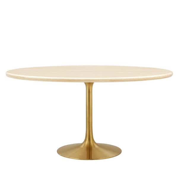 MODWAY Lippa in Gold Travertine Wood 60 in. Pedestal Oval Artificial Travertine Dining Table Seats 6