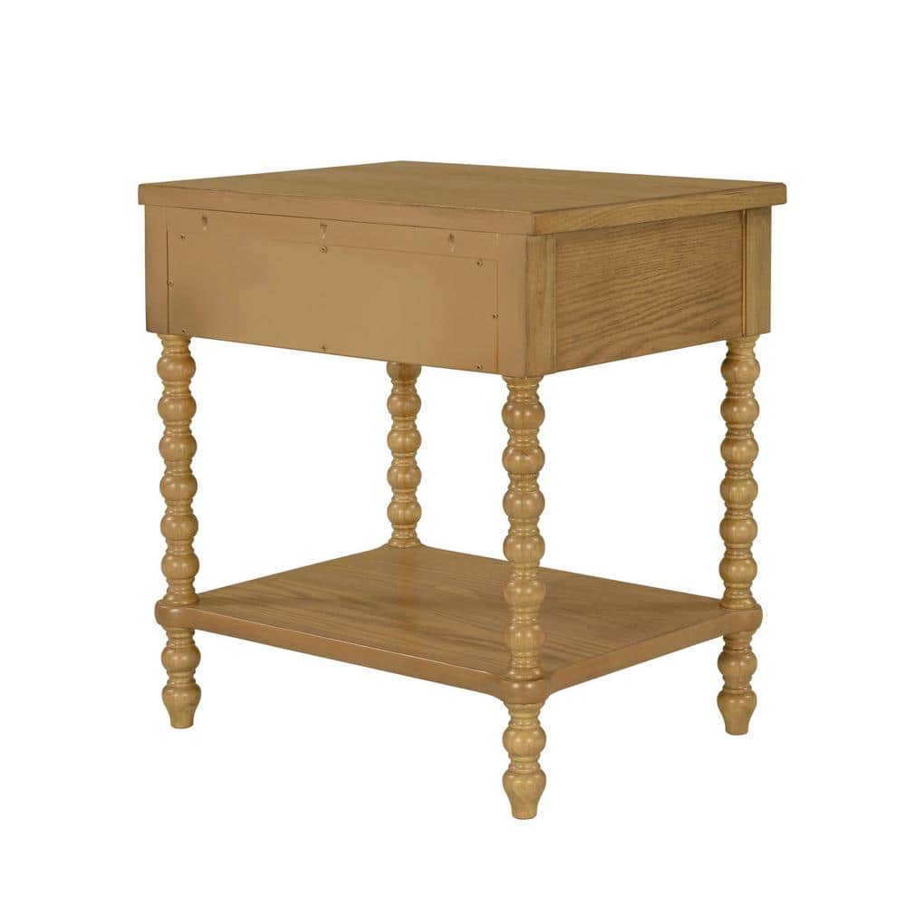 Natural Oak 1-Drawer Solid Wood Nightstand with Turned Legs