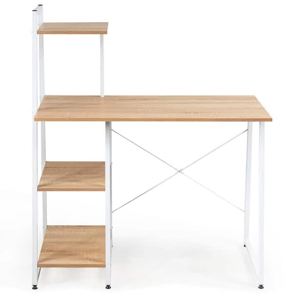 Costway 38.5 in. Natural Computer Desk with Shelves Study Writing Desk Workstation with Bookshelf