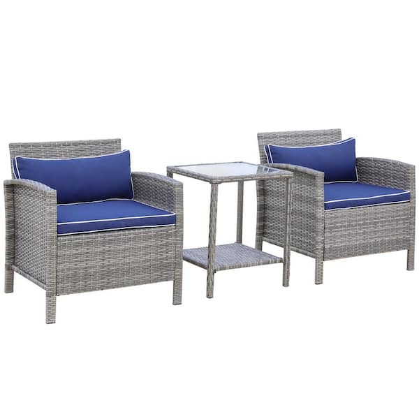 Outsunny 3-Piece Rattan Wicker Bistro Set Outdoor Patio Conversation Coffee Sets with Soft Blue Cushion, Glass Table Top
