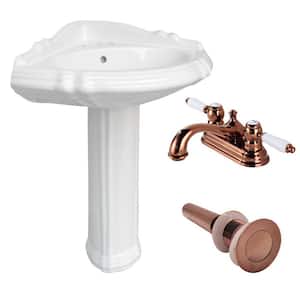 26 in. W White Corner Pedestal Bathroom Sink Vitreous China Basin, Pedestal Leg, Rose Gold 4" Faucet and Drain