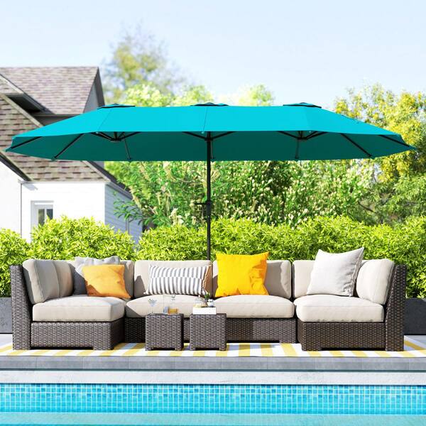 green patio furniture and navy umbrella PARTY 15 ft Large Outdoor with Solar Led Lights & Base Instead of getting a new patio umbrella every year Pure Garden 6.3-ft Steel Navy
