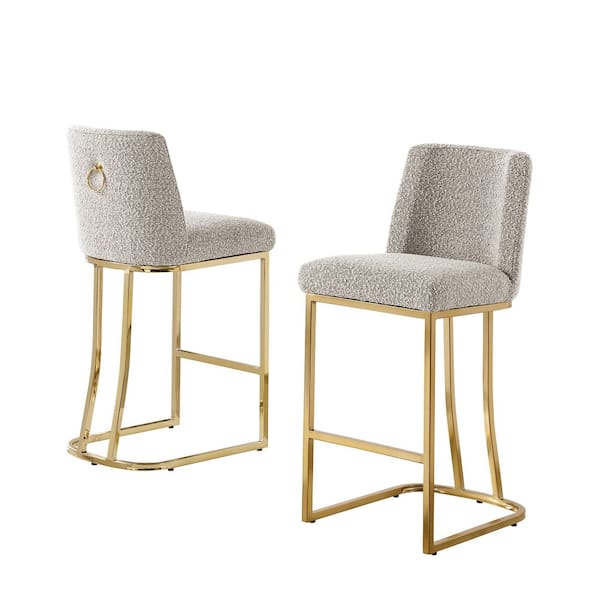 Raven Grey Boucle Fabric Counter Height Stool (Set of 2) With Gold Chrome Legs