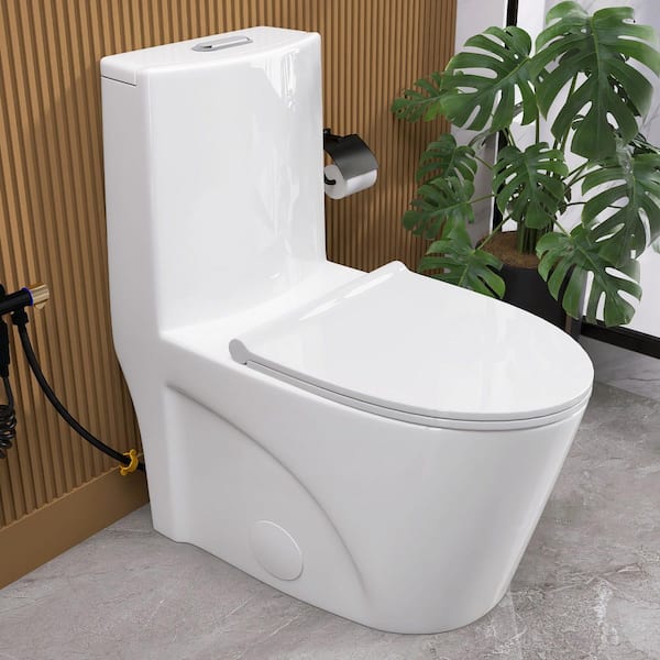 Top 1-Piece Toilet Compact Elongated ADA Height 1.1/1.6 GPF Dual Flush UF Seat Cover R&T Water Fitting Included in White