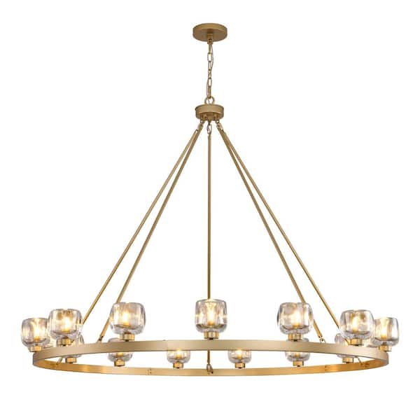 15 Lights 59 in. Dimmable Wagon Wheel Gold Chandelier with Glass Shade for Dining Room Living Room Bedroom Foyer