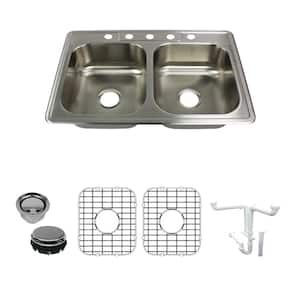 Select All-in-One Drop-In Stainless Steel 33 in. 5-Hole 50/50 Double Bowl Kitchen Sink in Brushed Stainless Steel