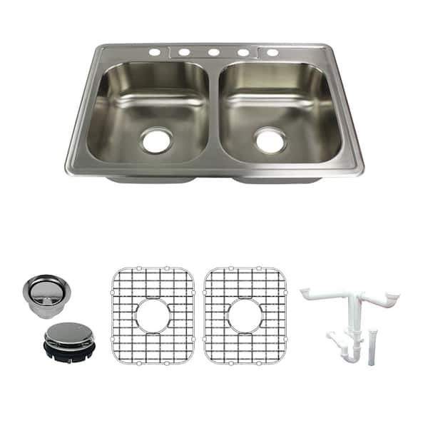 Transolid Select All-in-One Drop-In Stainless Steel 33 in. 5-Hole 50/50 Double Bowl Kitchen Sink in Brushed Stainless Steel