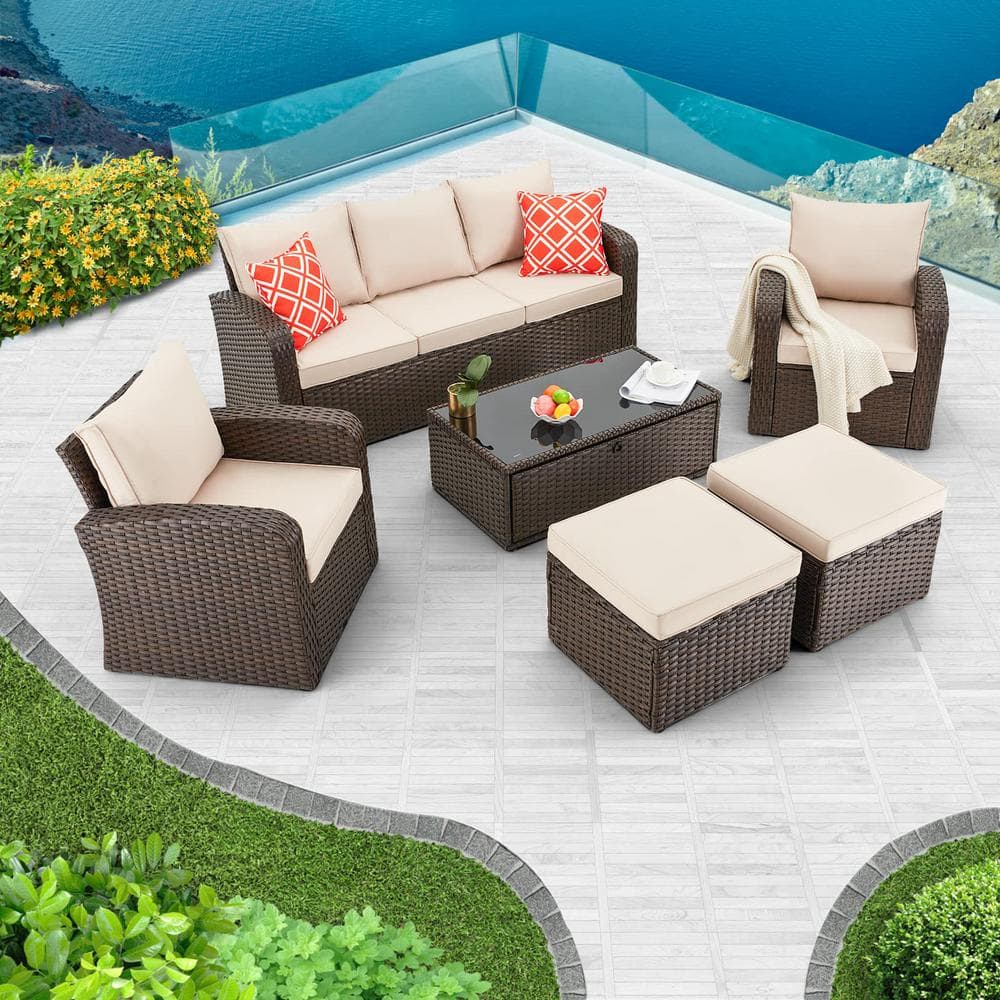 6-Piece Wicker Patio Conversation Set with Kahiki Cushions Outdoor Sectiona