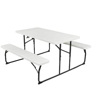 Folding Picnic Table and Bench Set for Camping BBQ with Steel Frame White