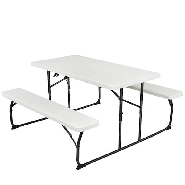 Gymax Folding Picnic Table and Bench Set for Camping BBQ with Steel Frame White
