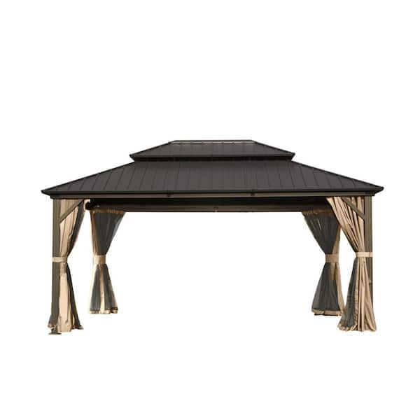 10 ft. x 14 ft. Hardtop Aluminum Gazebo with Galvanized Steel Double Roof Canopy, Curtain and Netting, Brown